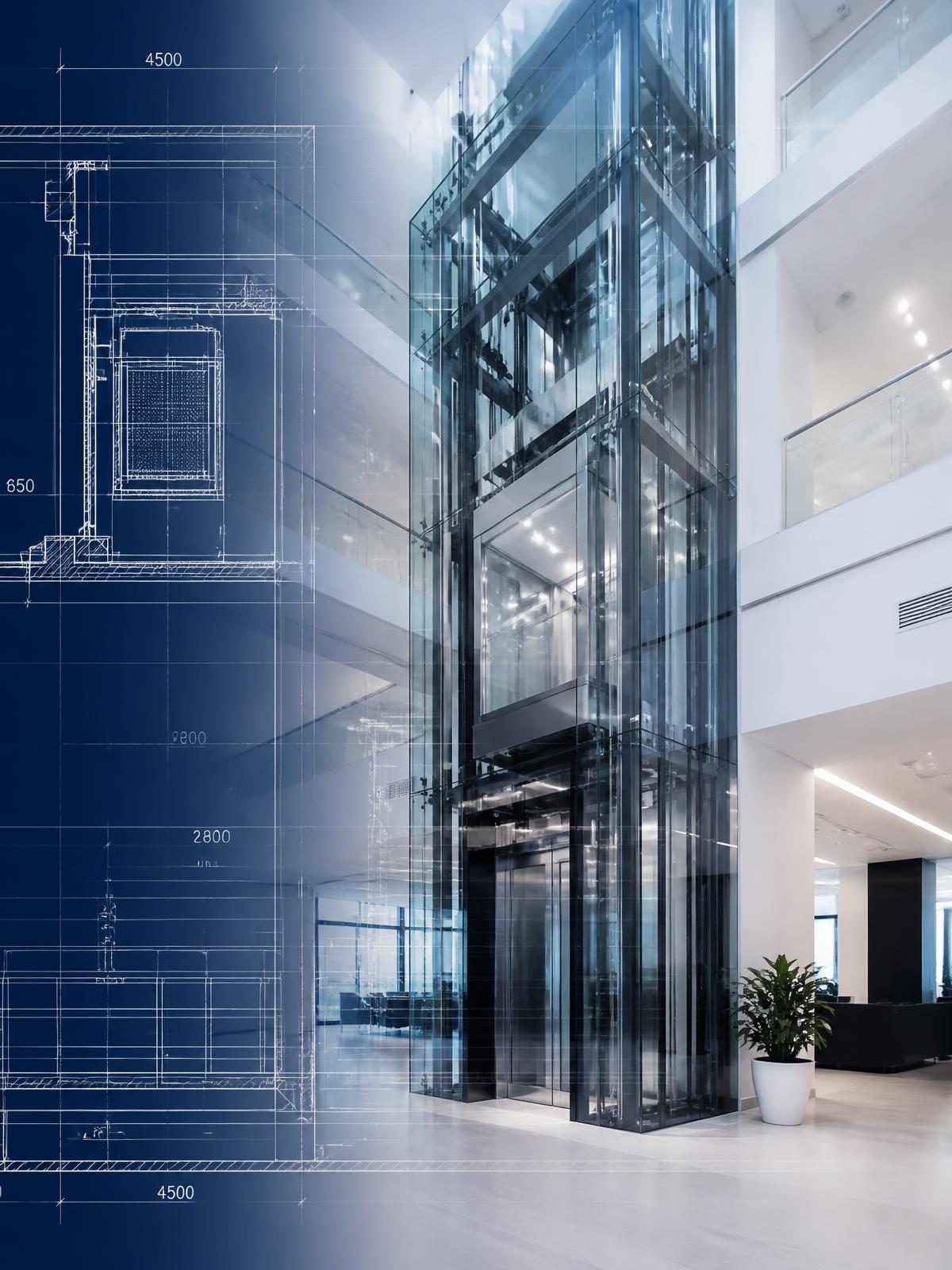 Modern glass elevator shaft with technical blueprint overlay