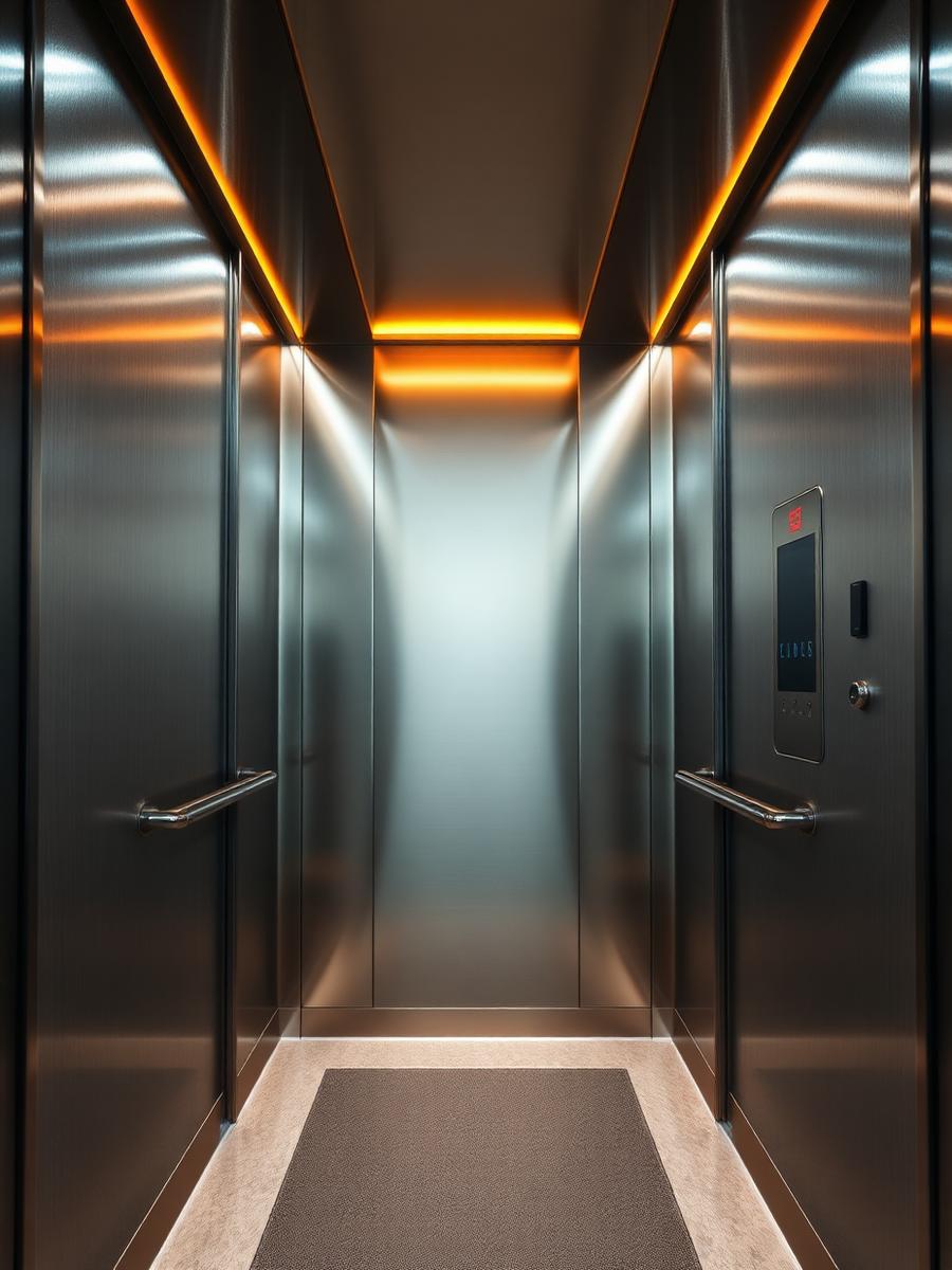 Modern elevator cabin interior with amber cove lighting