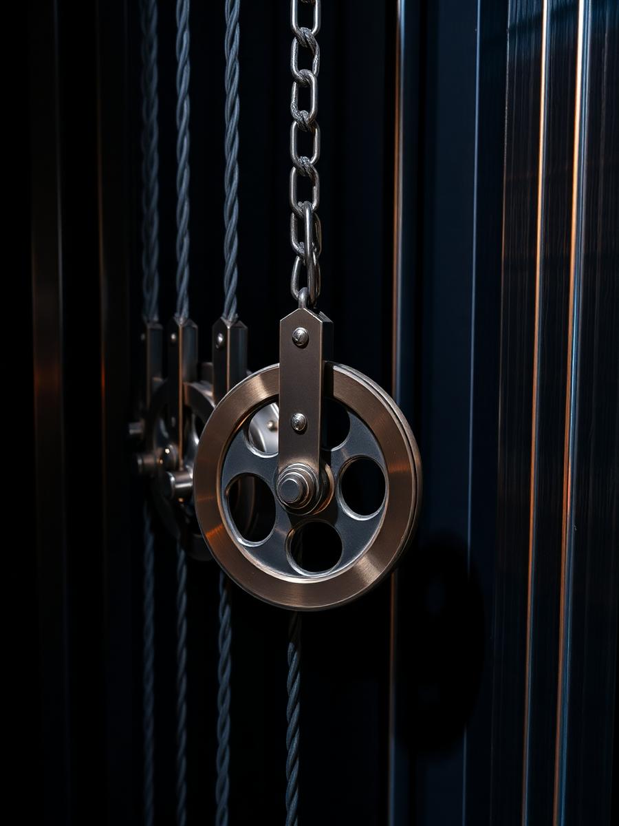 Elevator hoist cables running over a steel sheave